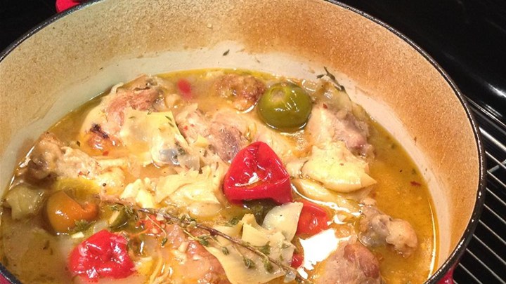BRAISED CHICKEN WITH ARTICHOKES CHERRY PEPPERS AND THYME!!